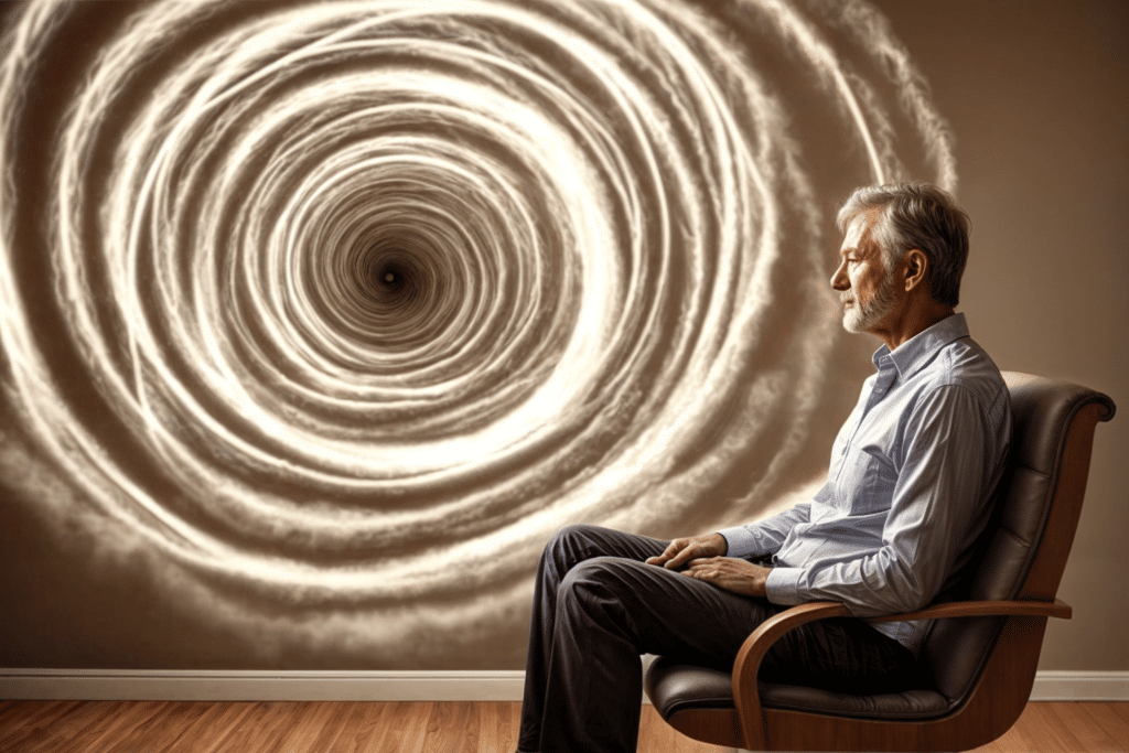 Persona en sesión de hipnosis terapéutica simbolizando la exploración de la mente subconsciente, en Valencia.