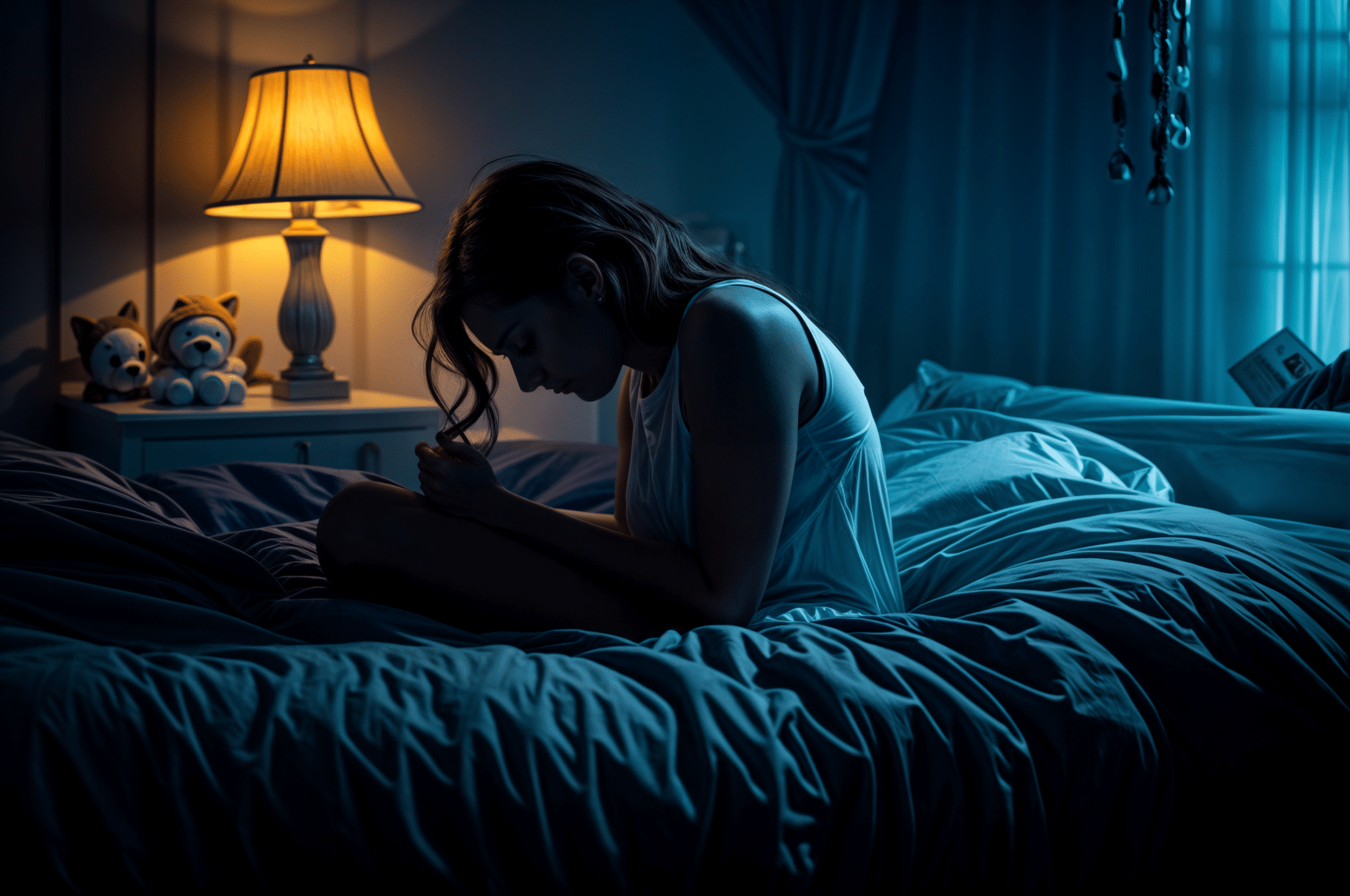 Imagen de una joven adulta sentada al borde de su cama en una habitación poco iluminada, simbolizando la introspección sobre la gravedad de la ansiedad en Valencia.
