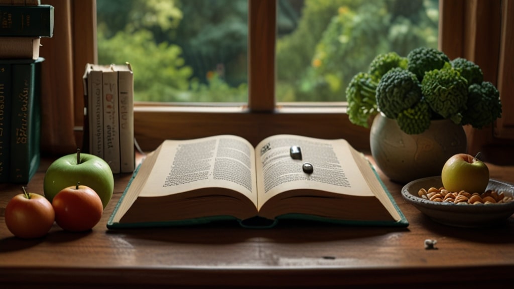 Libro sobre hipnoterapia y pérdida de peso en una mesa junto a frutas y vegetales - Valencia