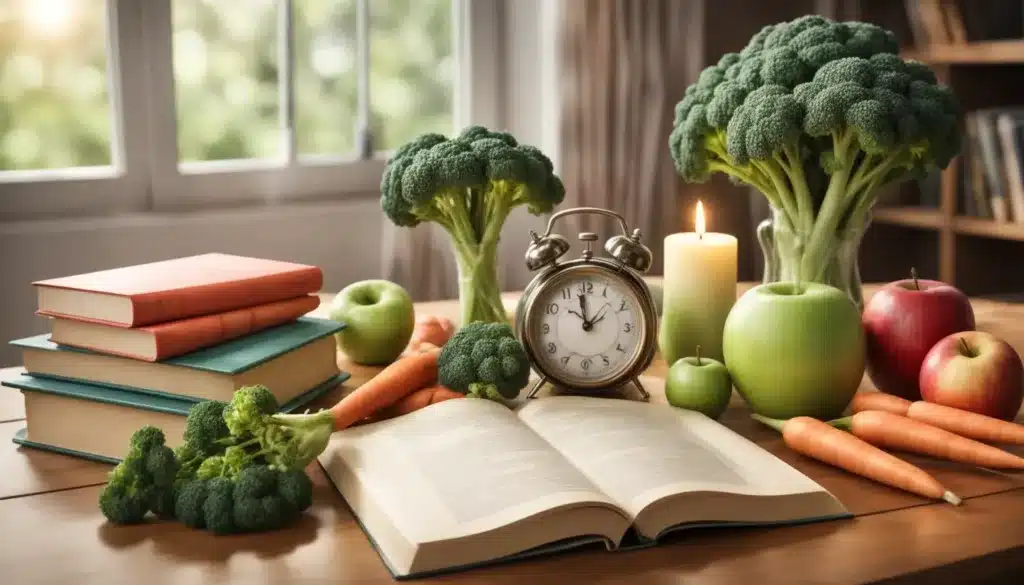 Libros sobre hipnoterapia y pérdida de peso en una mesa con vegetales - Valencia