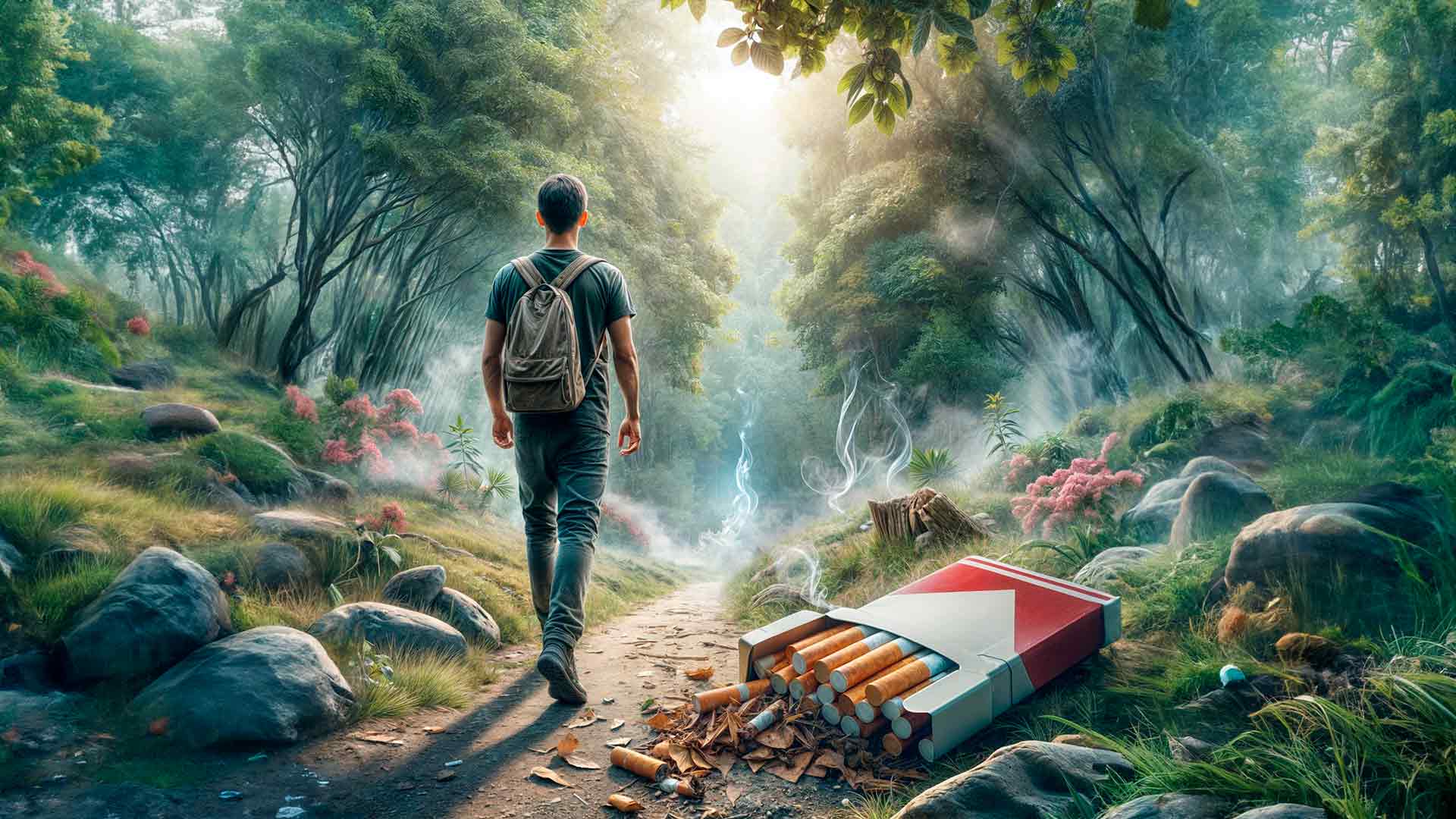 Persona caminando en un sendero en medio de la naturaleza, dejando atrás una caja de cigarrillos, simbolizando la abstinencia del tabaco con la ayuda de hipnosis - Valencia