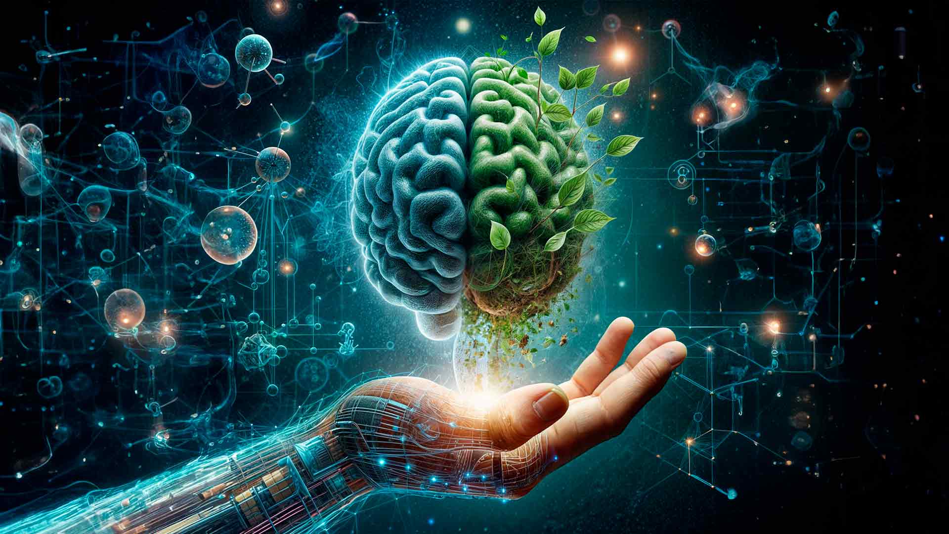 Cerebro fusionado con tecnología y naturaleza, rodeado de conexiones y hojas verdes, representando la ciencia de la hipnosis para dejar de fumar