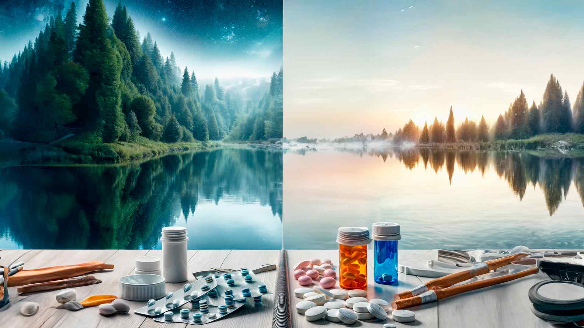 Cigarrillos, medicamentos y paisajes de día y noche, representando la comparación entre hipnosis y terapias tradicionales para dejar de fumar - Valencia
