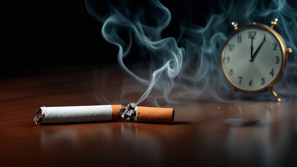 Cigarrillo apagado con reloj en fondo - Dejar de fumar con hipnosis en Valencia