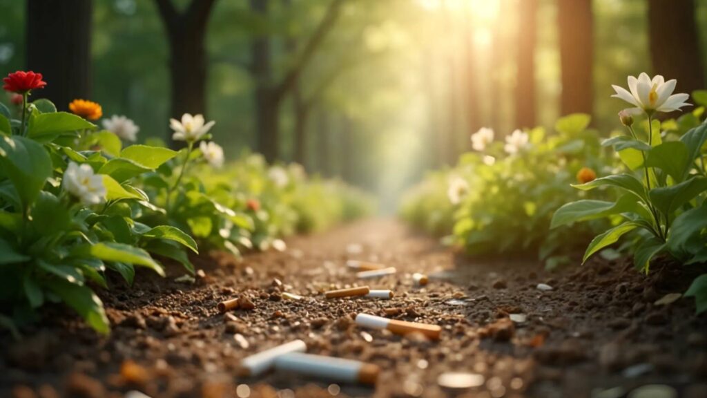 Cigarrillos esparcidos en un camino floral, simbolizando el proceso de dejar de fumar con hipnosis - Valencia