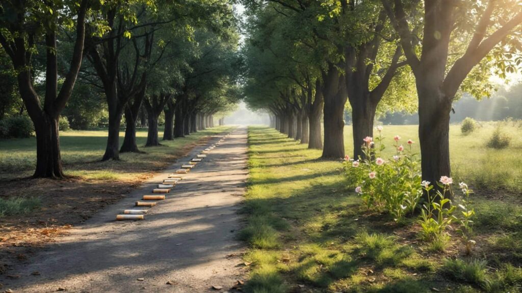 Camino rodeado de árboles con cigarrillos en el suelo, simbolizando el proceso de dejar de fumar con hipnosis - Valencia