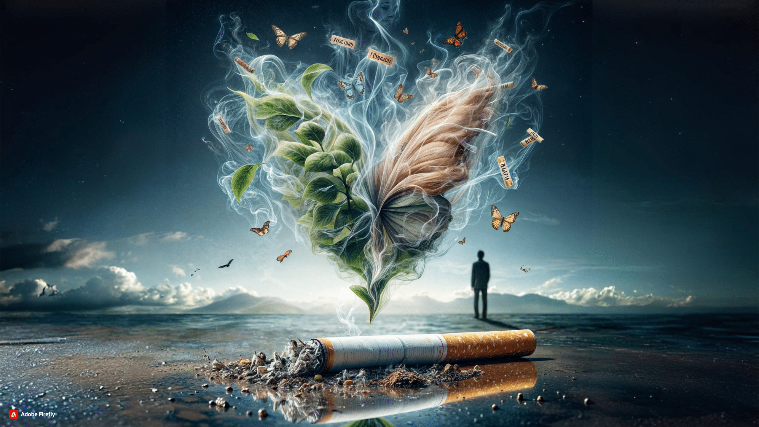 Cigarrillo roto y hojas transformándose en mariposas, simbolizando la libertad tras dejar de fumar con hipnosis - Valencia
