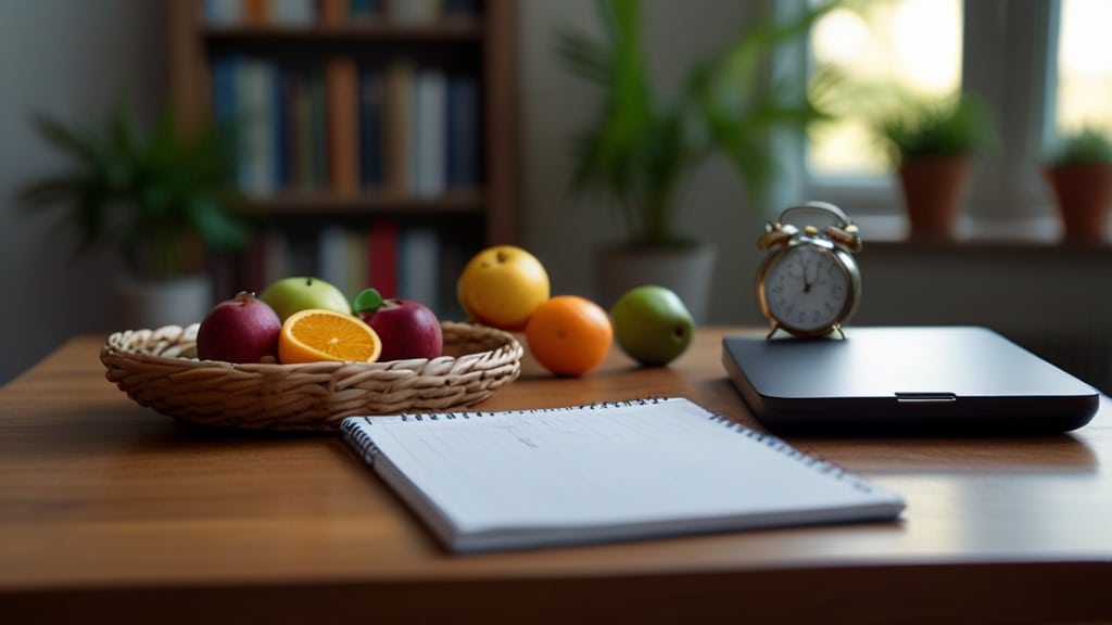 Frutas frescas y notas en una mesa en consulta de hipnoterapia - Valencia