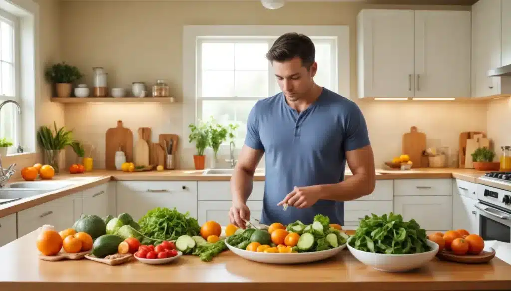 Hombre preparando comidas saludables en la cocina para mantener el peso ideal después de sesiones de hipnosis en Valencia