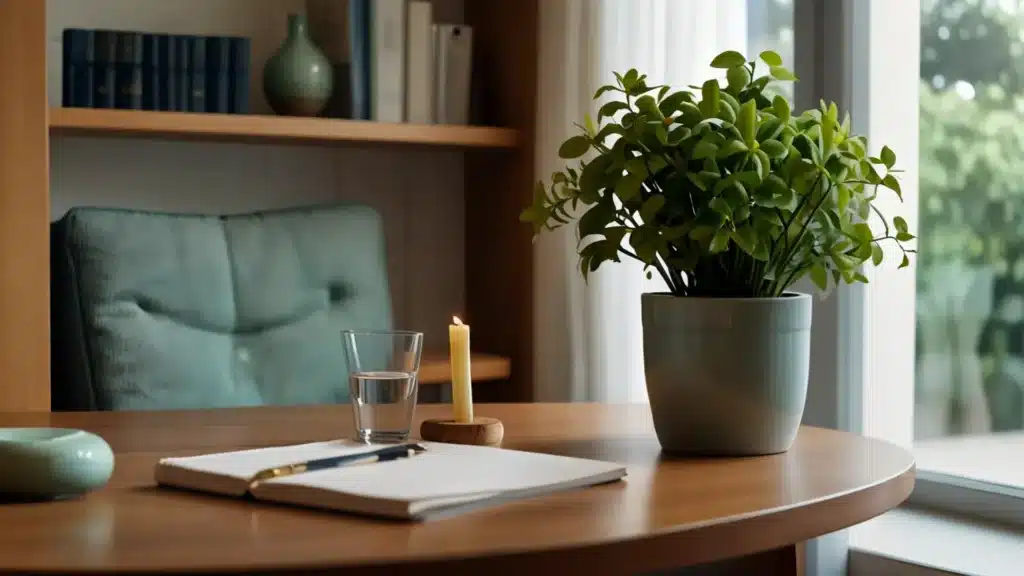 Mesa con libreta, vaso de agua, vela y planta, simbolizando la preparación para una sesión de hipnosis para dejar de fumar - Valencia