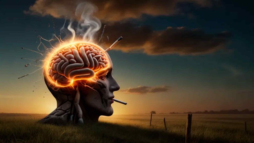 Cerebro iluminado con cigarrillos, representando los efectos del tabaquismo y la liberación mental a través de la hipnosis - Valencia