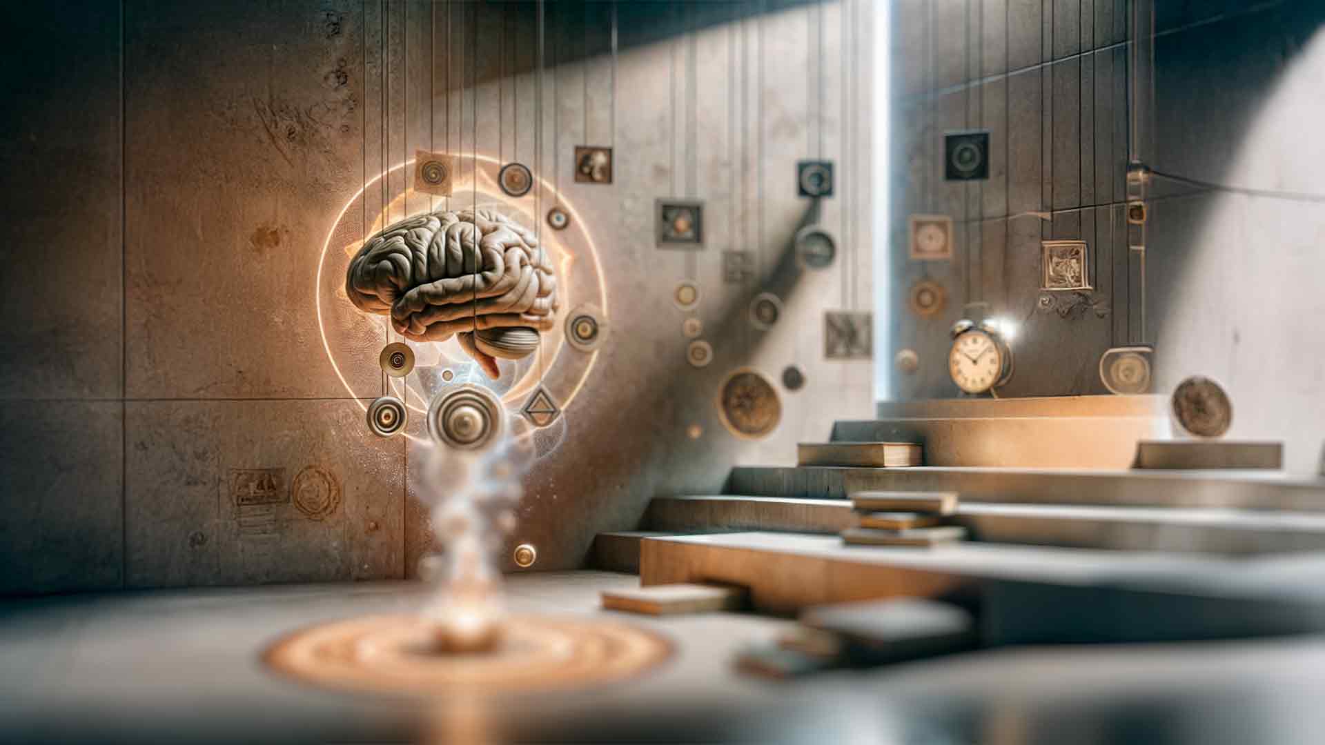 Imagen surrealista que representa la comparación entre la hipnosis y la terapia tradicional para superar traumas. Un cerebro flotante simboliza el acceso al subconsciente, mientras que relojes y libros aluden a la terapia cognitiva. Fondo abstracto con tonos cálidos y escalones que sugieren el proceso de sanación emocional.