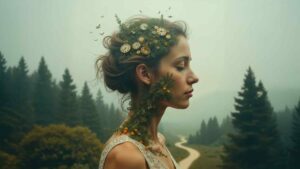 Mujer con elementos naturales y relojes dorados integrados en su cabello, simbolizando la conexión entre la naturaleza, el tiempo y los recuerdos en un bosque cercano a Valencia.