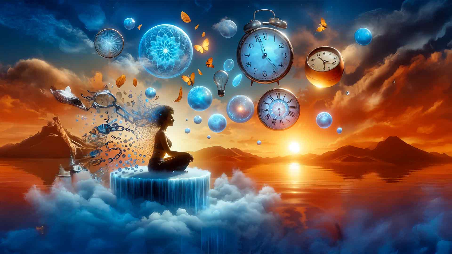 Mujer en estado meditativo rodeada de elementos flotantes como relojes, cadenas rotas y esferas de luz, simbolizando la sanación del Trastorno de Estrés Postraumático mediante hipnoterapia en un paisaje surrealista al atardecer en Valencia.