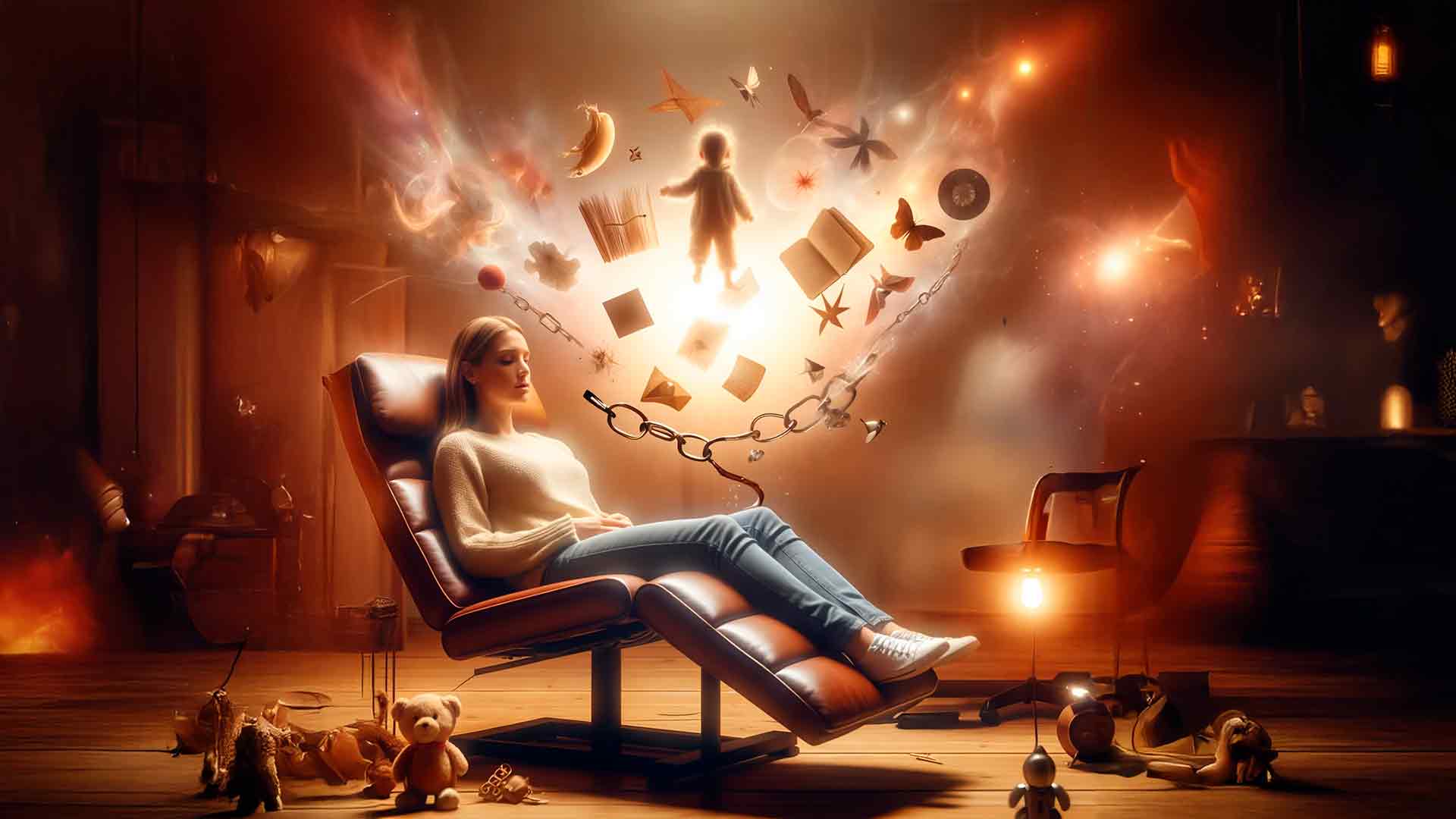 Mujer en una sesión de hipnoterapia, rodeada de elementos flotantes como cadenas rotas, libros y juguetes, que simbolizan la liberación de traumas infantiles.
