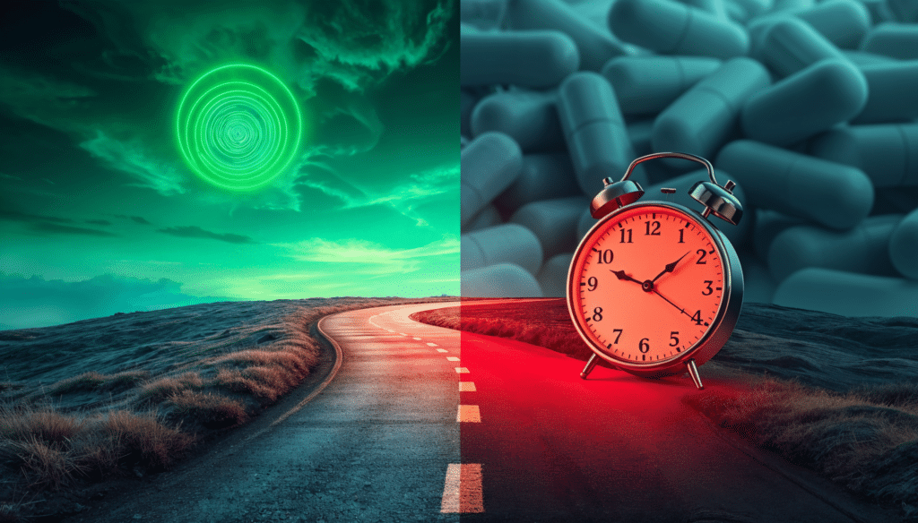 Carretera dividida en dos direcciones: una hacia un cielo verde con un espiral brillante, representando la hipnoterapia, y otra hacia pastillas con un reloj que simboliza la medicación.