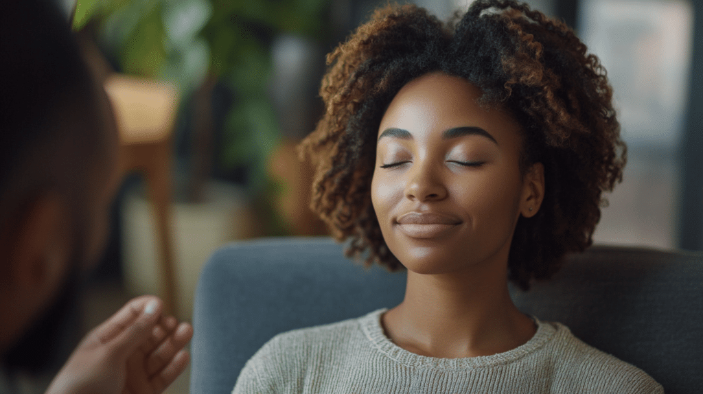 Primer plano de una mujer con ojos cerrados, mostrando una expresión de tranquilidad y relajación, representando el estado mental alcanzado mediante la hipnosis para aliviar el estrés.