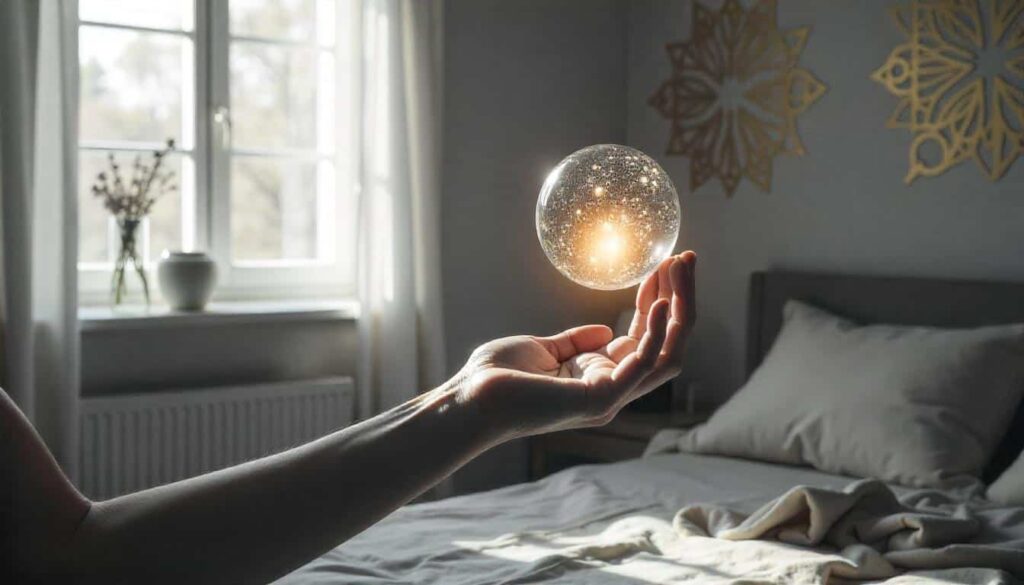 Una mano sosteniendo un orbe brillante de luz en una habitación serena en Valencia, con una cama y una ventana al fondo, simbolizando la calma y la conexión mental que ofrece la auto-hipnosis.