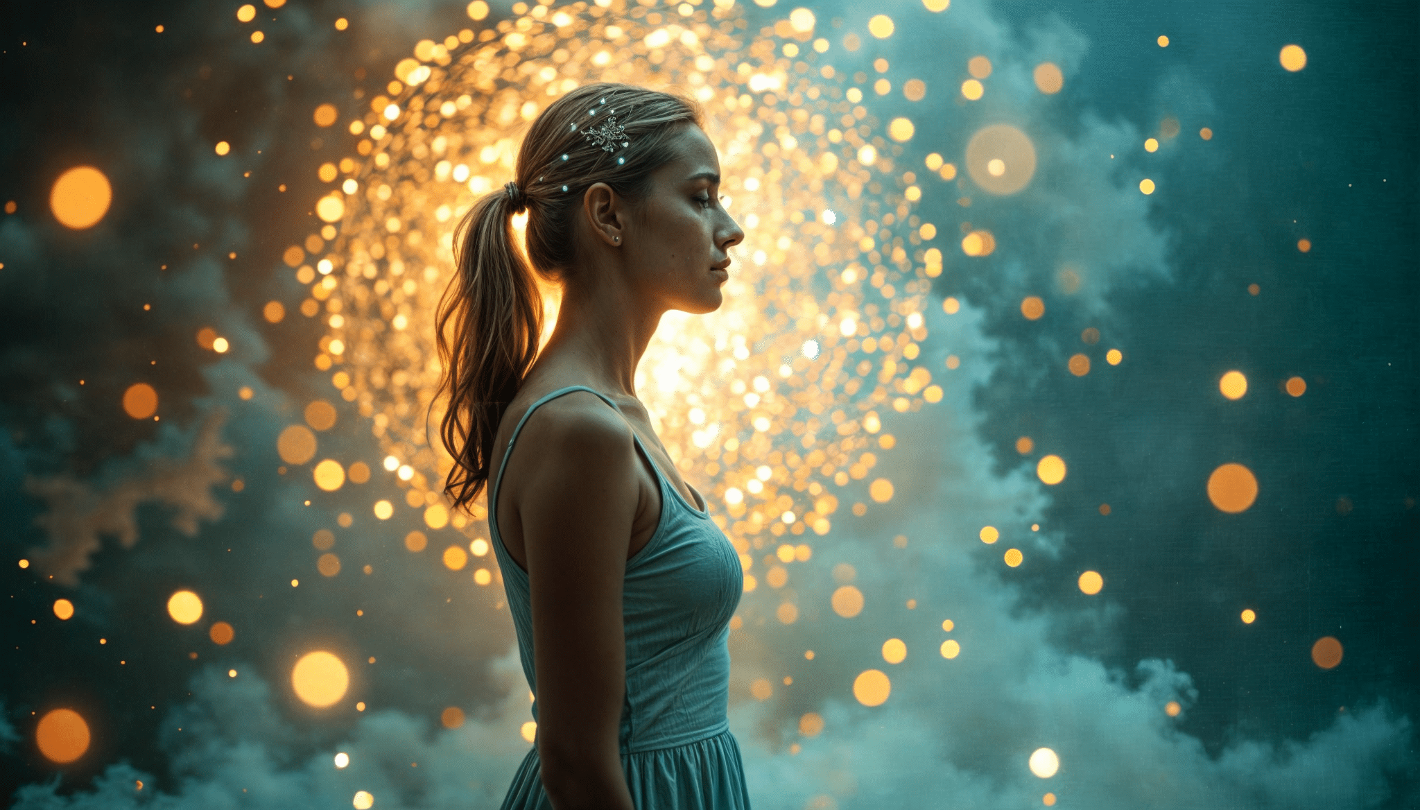 Perfil de una mujer rodeada de un resplandor dorado con patrones de luz abstractos, simbolizando la claridad mental y la superación del estrés mediante la hipnosis.