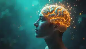 Perfil de una mujer con un cerebro iluminado por líneas doradas, representando claridad mental y alivio del estrés a través de la hipnoterapia.