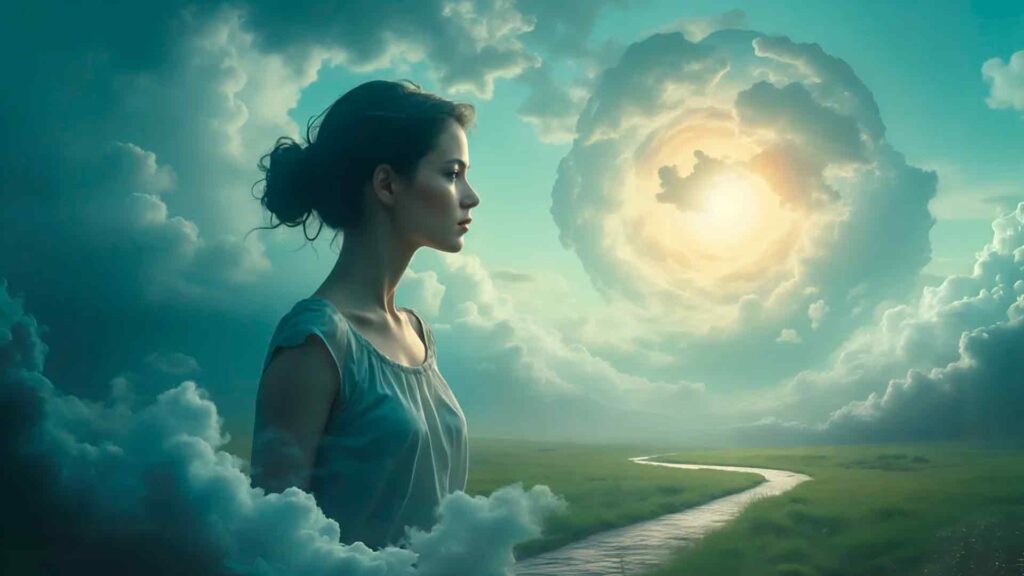Mujer tranquila rodeada de nubes y símbolos de ansiedad en Valencia, España.