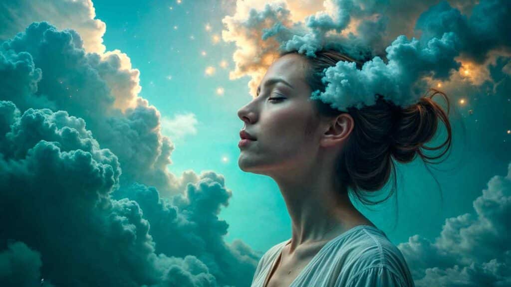 Mujer en hipnosis rodeada de nubes, representando el estrés crónico en Valencia.