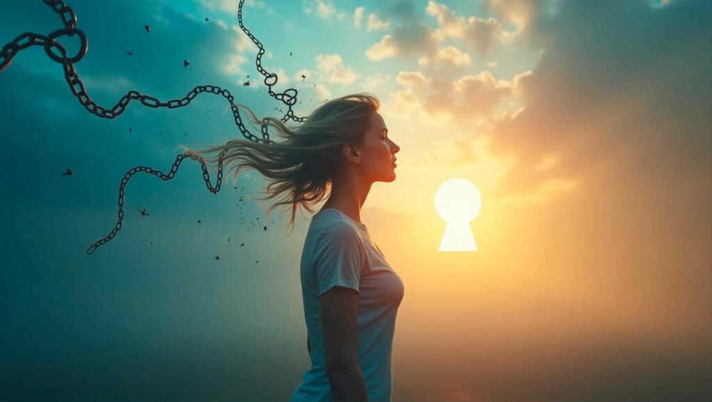 Mujer meditativa rodeada de nubes y espejos, simbolizando la hipnosis y el estrés sexual en Valencia.