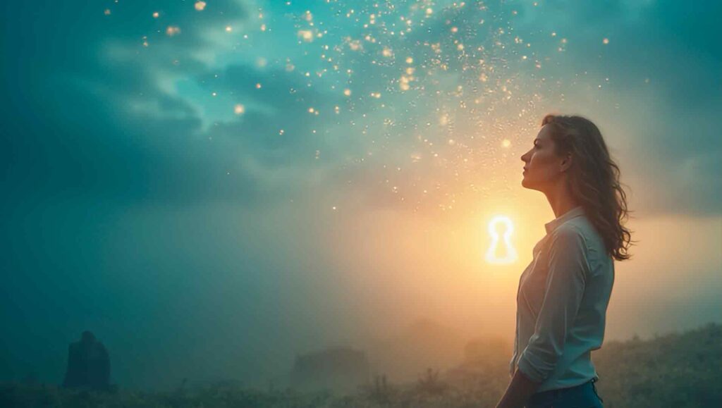 Mujer rodeada de nubes de pensamiento, simbolizando hipnosis y estrés sexual en Valencia.