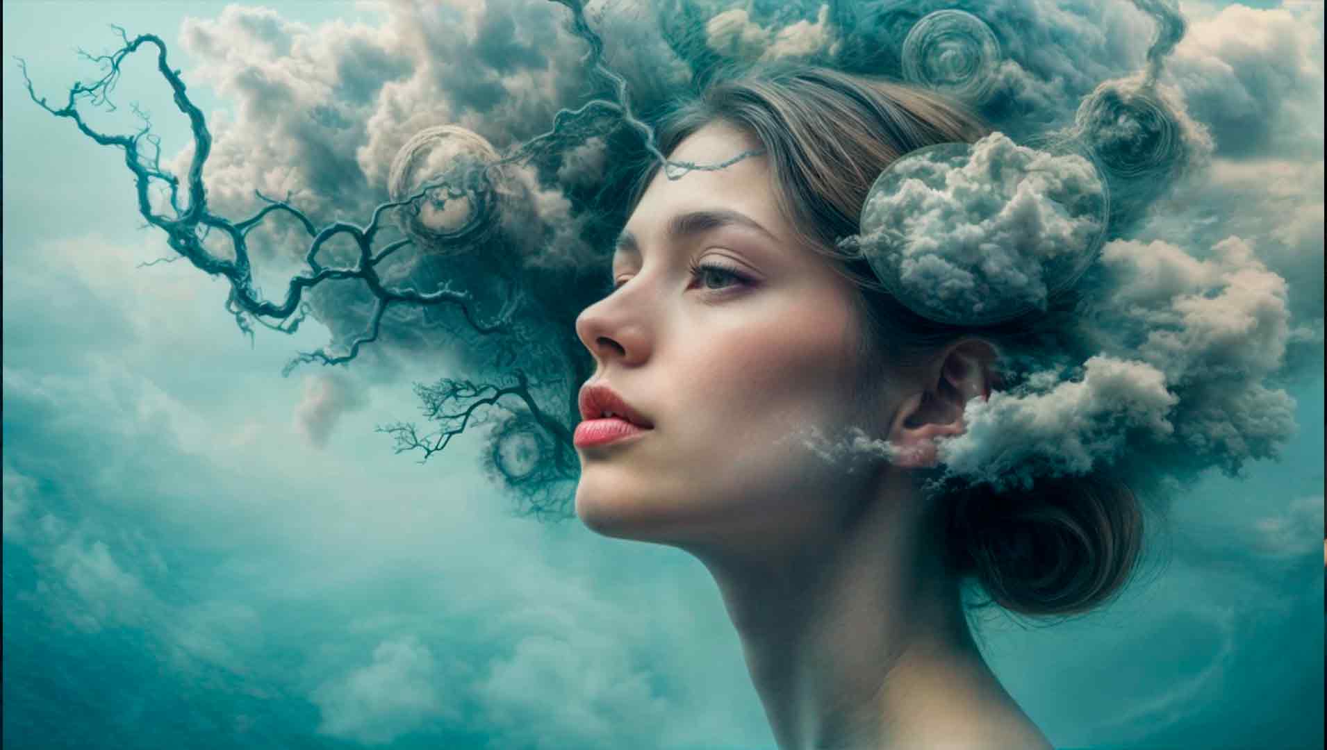 Mujer en hipnosis, rodeada de nubes de pensamiento en Valencia.