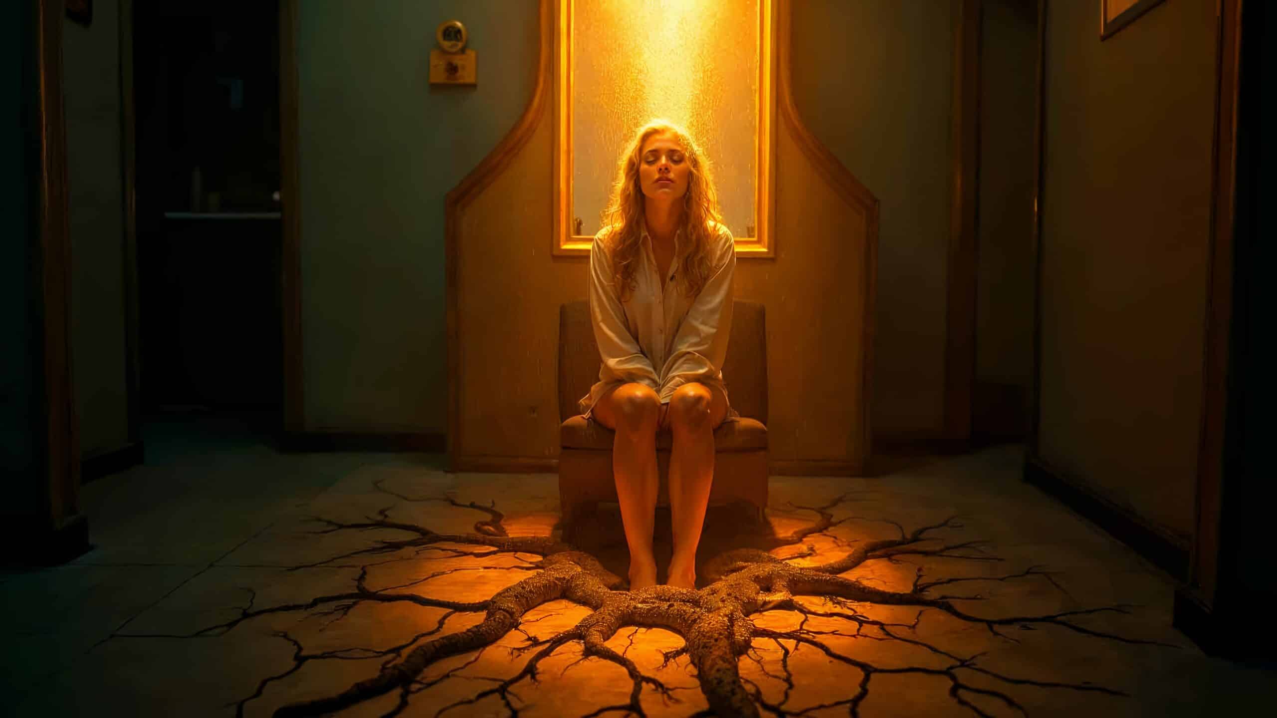 Fotomontaje surrealista sobre fobias y ansiedad en Valencia, con figura femenina reflexionando.