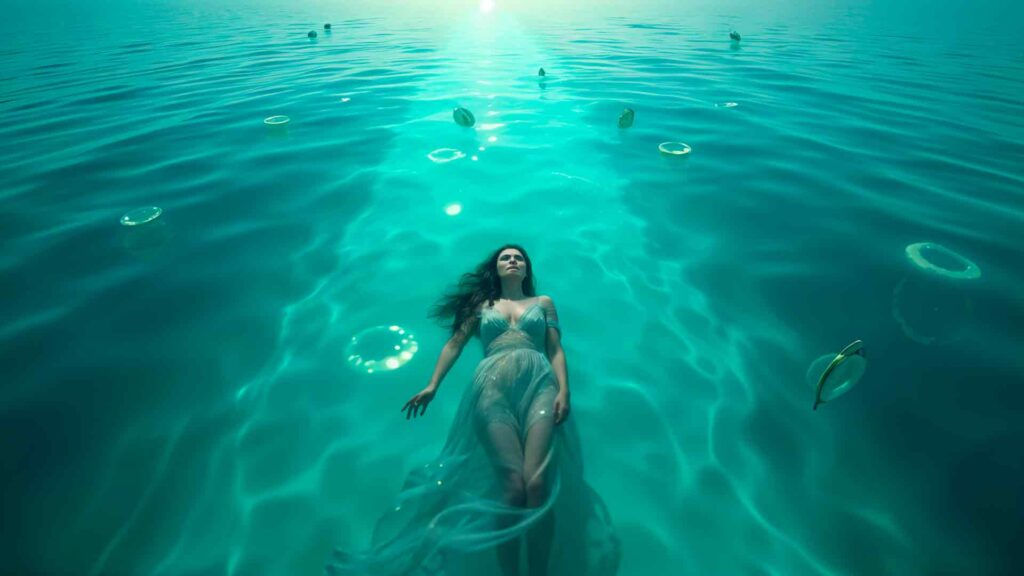 Mujer flotando en aguas surrealistas, superando miedo en Valencia.
