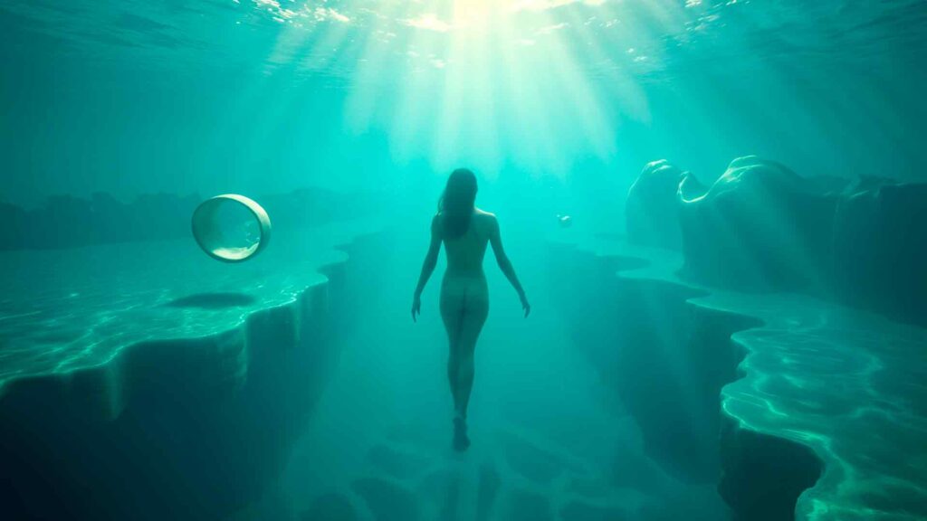 Mujer flotando en aguas surrealistas, simbolizando superación del miedo en Valencia.