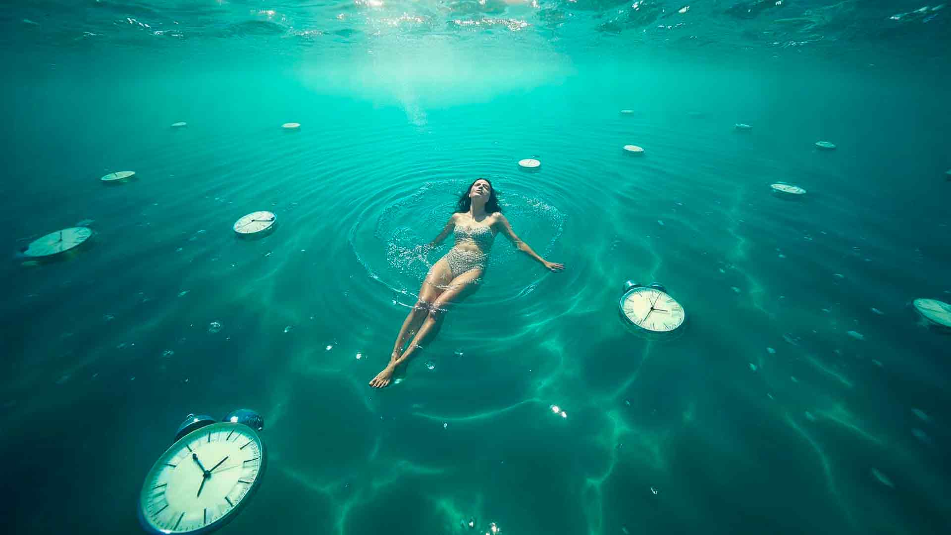 Mujer flotando en un entorno acuático surrealista, simbolizando la superación del miedo a las aguas profundas en Valencia.