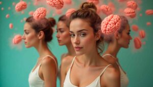 Fotomontaje surrealista de mujer en Valencia, reflejando autoestima sexual y transformación.