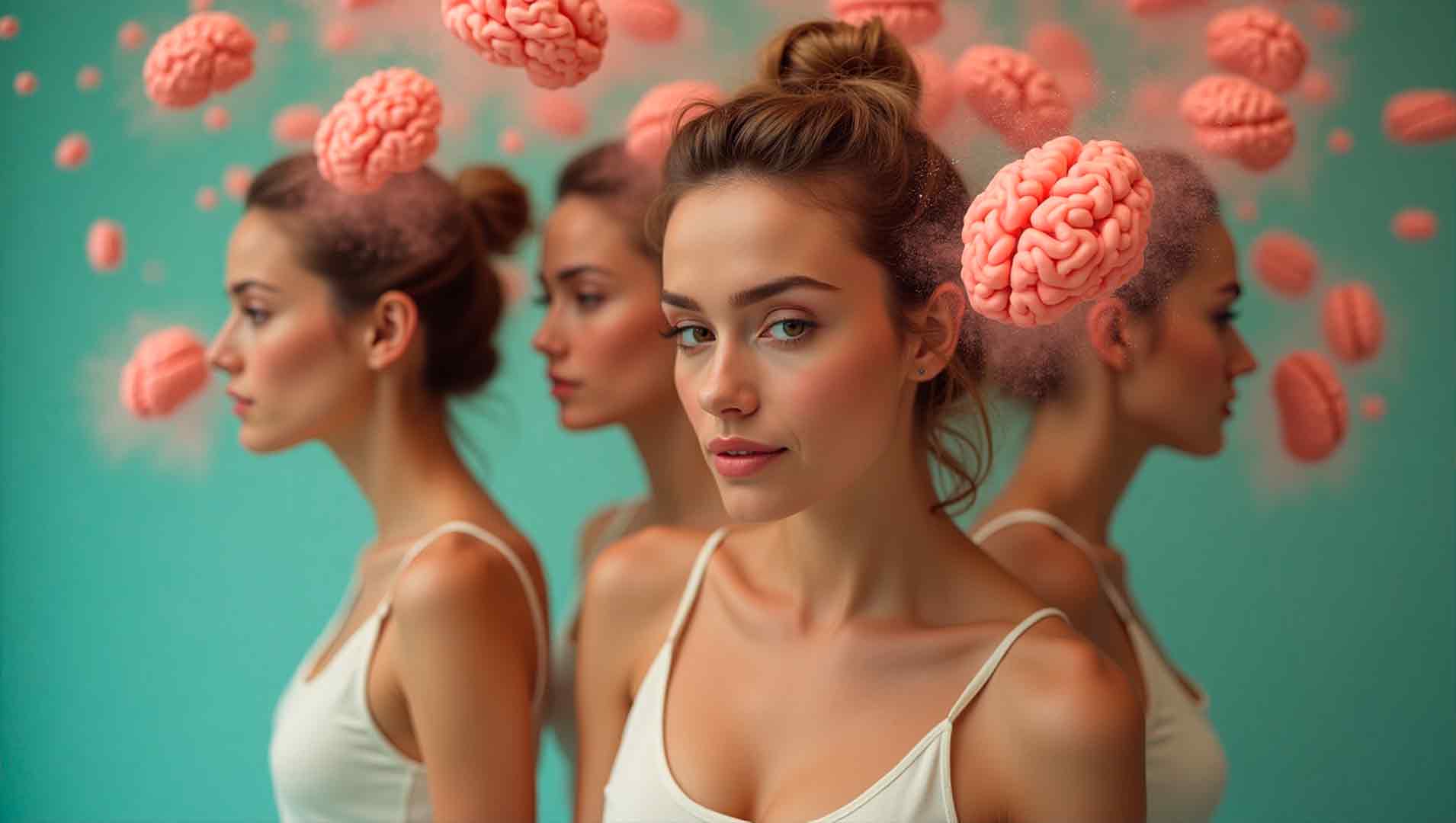 Fotomontaje surrealista de mujer en Valencia, reflejando autoestima sexual y transformación.