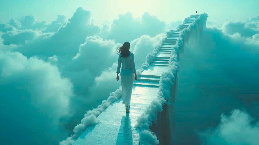 Mujer superando el miedo a las alturas en Valencia con hipnosis, caminando entre nubes y escaleras.