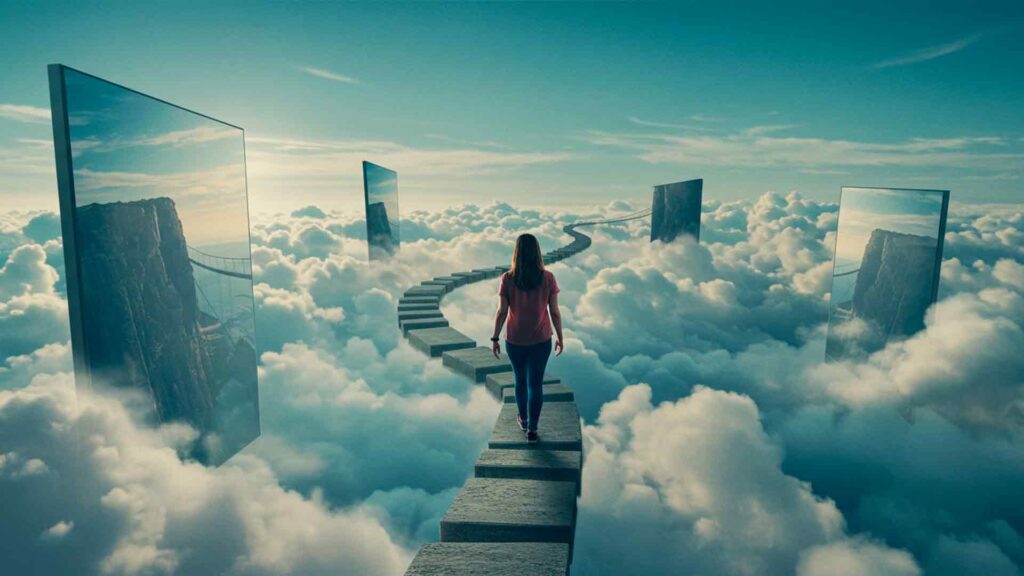 Mujer caminando en un cielo con nubes y escaleras, simbolizando control sobre el miedo en Valencia.
