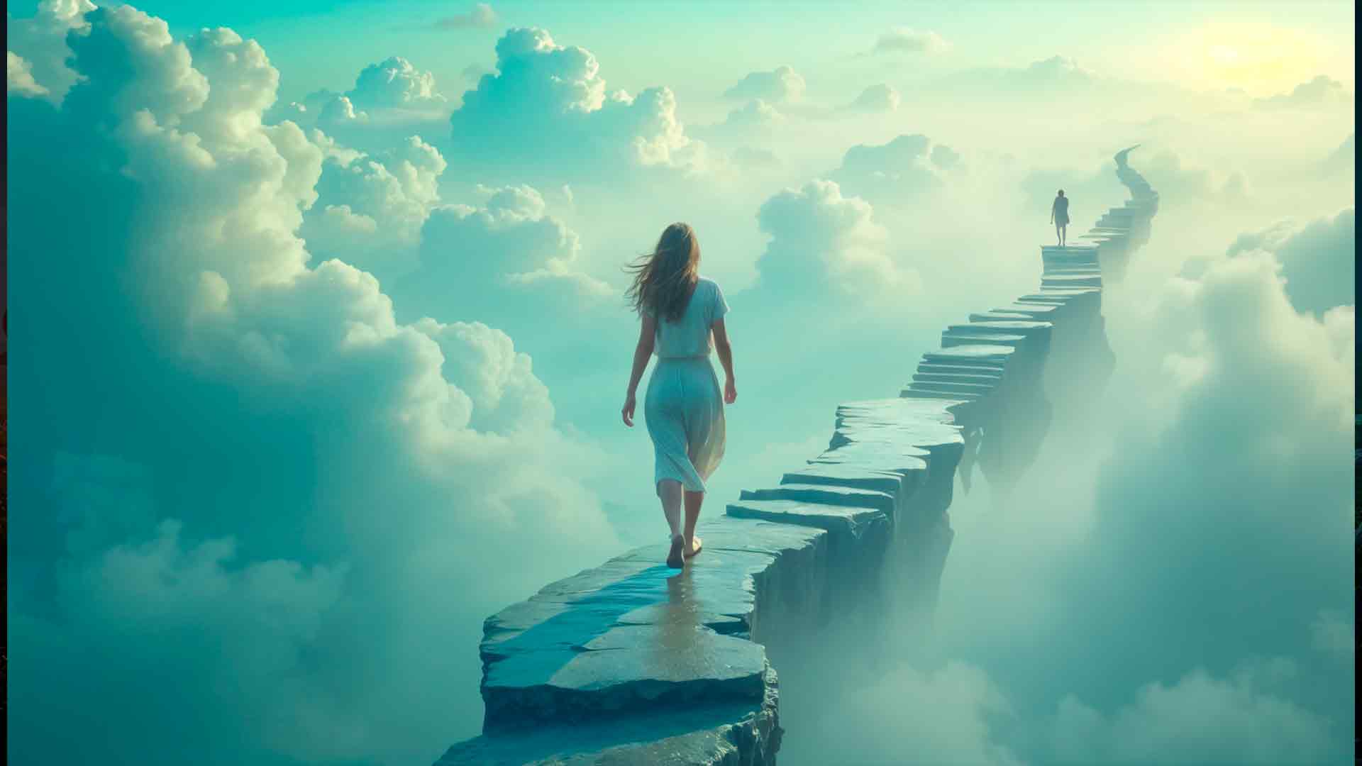 Mujer caminando en un cielo nublado, simbolizando control sobre el miedo a las alturas en Valencia, España.