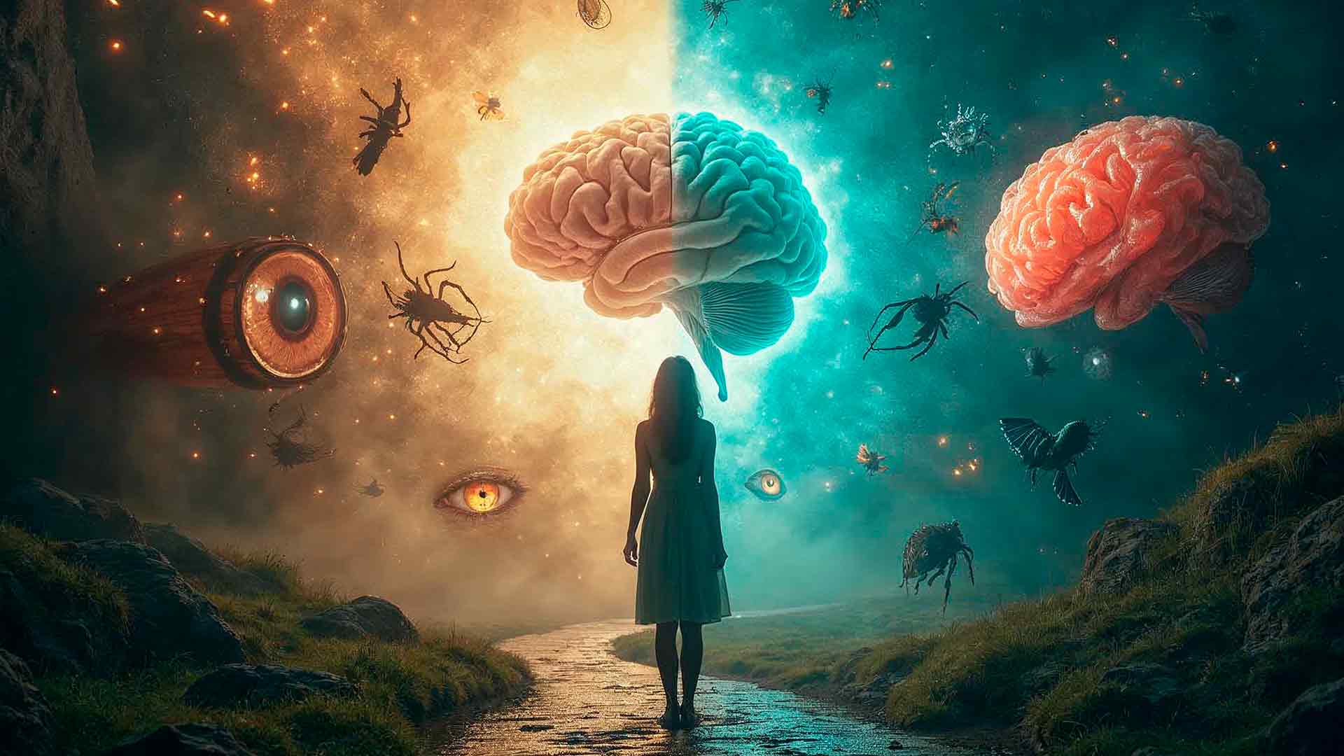 Fotomontaje surrealista sobre hipnosis y miedos en Valencia.