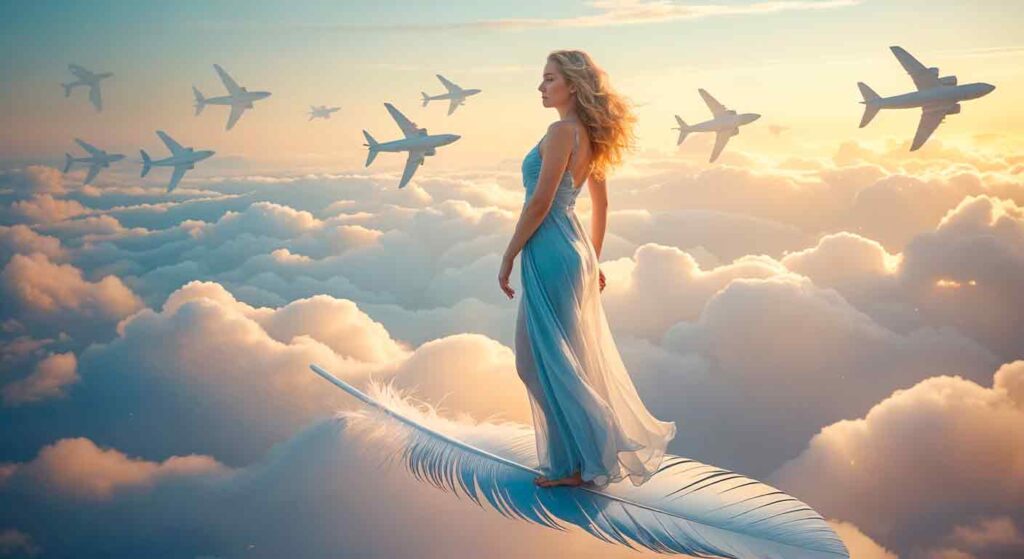 Mujer tranquila observa un avión en un paisaje surrealista en Valencia.