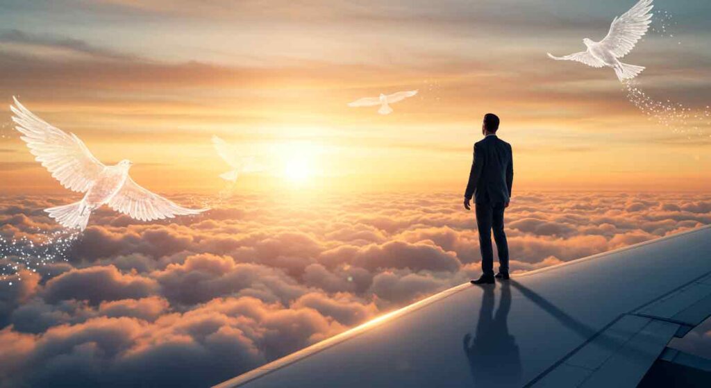 Fotomontaje surrealista sobre el miedo a volar en Valencia.