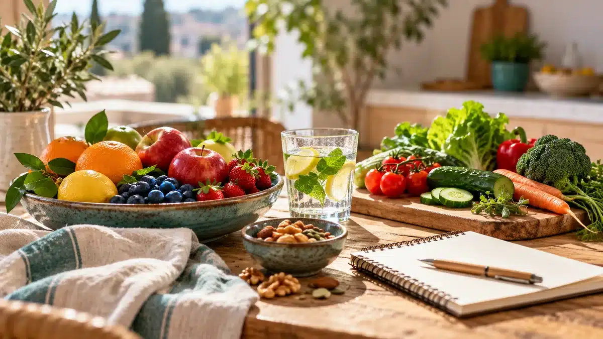 Mesa con frutas, verduras frescas, agua y una libreta que representa hábitos de alimentación