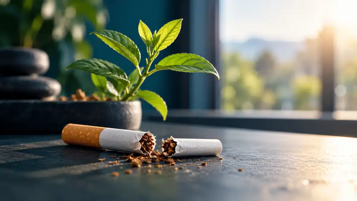 Cigarrillo roto junto a una planta verde como símbolo de cambio del hábito de fumar