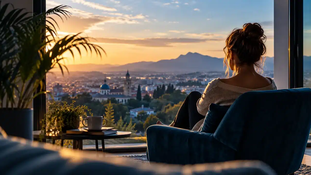 Persona sentada junto a una ventana contemplando un paisaje al atardecer